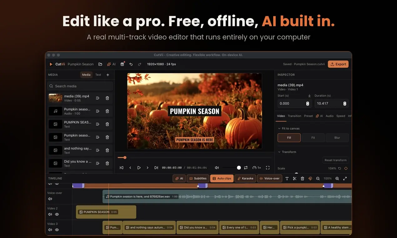 Editor CutVii dengan judul, subtitle, track voice-over dan timeline