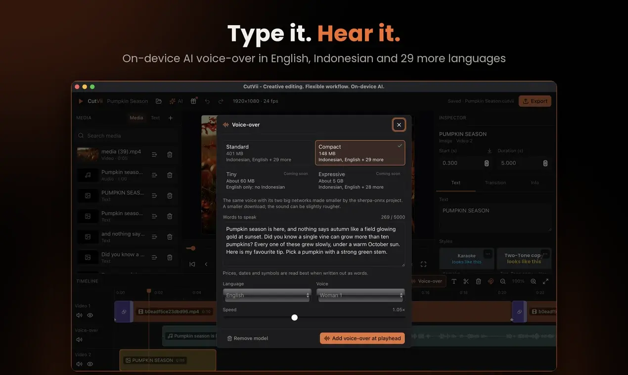 Dialog voice-over dengan teks narasi dan pengaturan suara