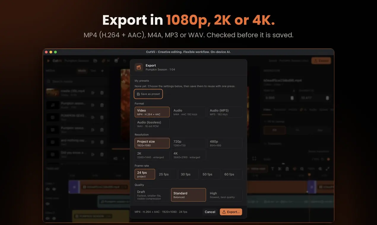 Dialog ekspor dengan format, resolusi, frame rate dan kualitas